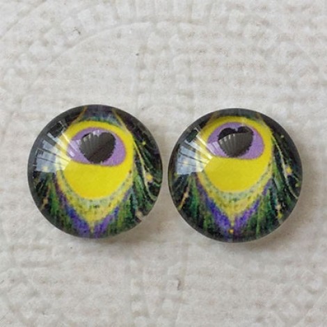 12mm Art Glass Backed Cabochons - Peacock Feathers 8 - Per Pair