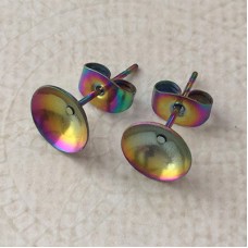 10mm Rainbow 304 Stainless Steel Pearl Setting Domed Earposts w-Clutches