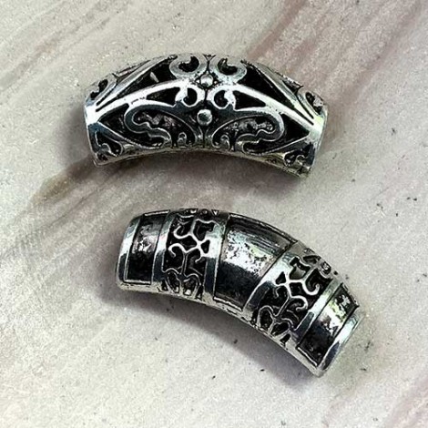 30x13mm Tibetan Silver Fligree Curved Focal Tube Beads - Pack of 2