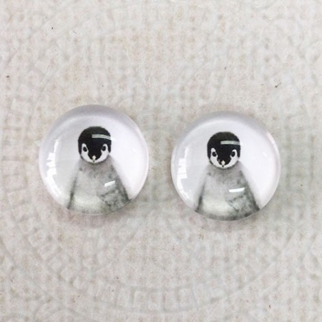 12mm Art Glass Backed Cabochons - Penguin - Per Pair 12mm Art Glass Backed Cabochons - Penguin - Per Pair