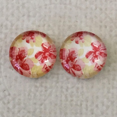 12mm Art Glass Backed Cabochons - Pink & Cream Flowers - Per Pair 12mm Art Glass Backed Cabochons - Pink & Cream Flowers - Per Pair