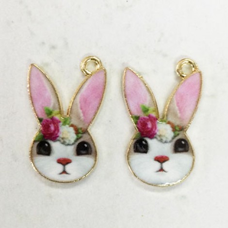 20mm Enamelled Gold Plated Pink Easter Bunny Rabbit Charms - Per pair