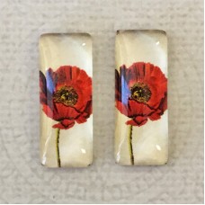 10x25mm Rectangle Art Glass Backed Cabohons - Red Poppies 11