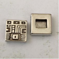 13mm Flat Square Mayan Style 2 Leather Slider - Antique Fine Silver Plated