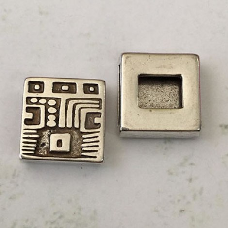 13mm Flat Square Mayan Style 2 Leather Slider - Antique Fine Silver Plated