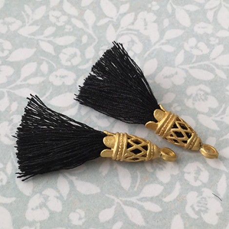 40mm Mini Soft Cotton Black Tassels w-Matte Gold Plated Cap - Pack of 3 40mm Mini Soft Cotton Black Tassels w-Matte Gold Plated Cap - Pack of 3