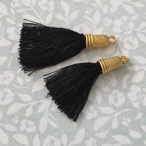 30mm Mini Soft Cotton Black Tassels w-Gold Plated Banded Cap