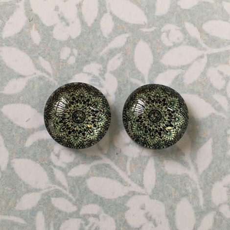 12mm Handmade Art Image Backed Glass Cabochons - Vintage Kaleidescope 12 - Per Pair