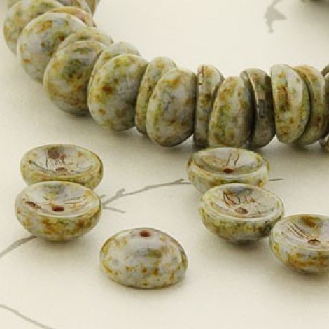 8mm Czech 2-Hole Piggy Beads - Chalk White Green Brown- Pack of 50