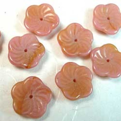 12mm Czech Pinwheel Flower Beads - Coral Pink/Brown