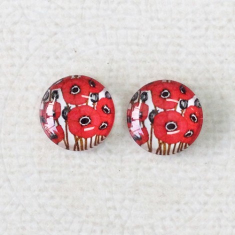 12mm Art Glass Backed Cabochons  - Poppy Design 2 - Per Pair