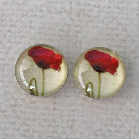12mm Art Glass Backed Cabochons - Red Poppy Design 3 - Per Pair