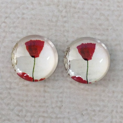 12mm Art Glass Backed Cabochons - Red Poppy Design 4 - Per Pair