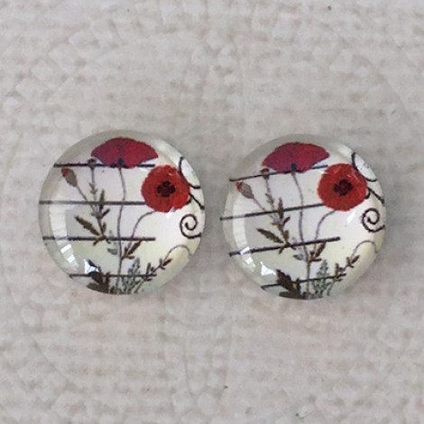 12mm Art Glass Backed Cabochons - Red Poppy Design 9