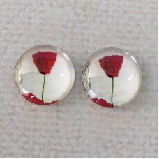 14mm Art Glass Backed Cabochons  - Red Poppies Design 4 - Per Pair