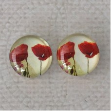 14mm Art Glass Backed Cabochons  - Red Poppies Design 6 - Per Pair