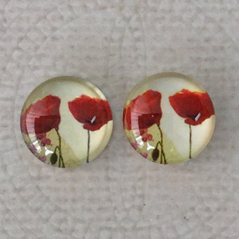 14mm Art Glass Backed Cabochons  - Red Poppies Design 6 - Per Pair