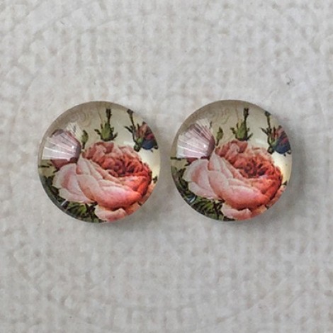 12mm Art Glass Backed Cabochons - Rose Design 10 - Per Pair