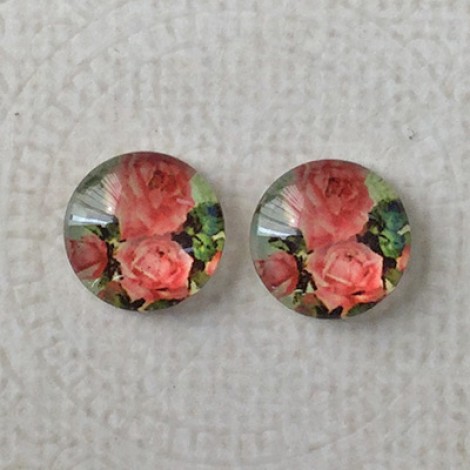 12mm Art Glass Backed Cabochons - Rose Design 11 - Per Pair