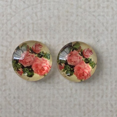 12mm Art Glass Backed Cabochons - Rose Design 12 - Per Pair
