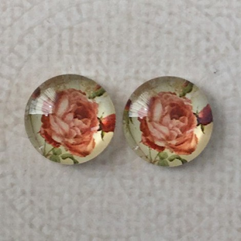 12mm Art Glass Backed Cabochons - Rose Design 3 - Per Pair 12mm Art Glass Backed Cabochons - Rose Design 3 - Per Pair