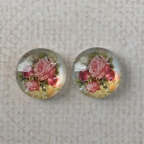 12mm Art Glass Backed Cabochons - Rose Design 6 - Per Pair