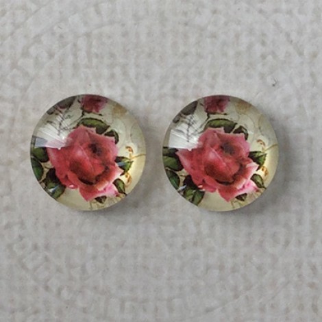 12mm Art Glass Backed Cabochons - Rose Design 9 - Per Pair 12mm Art Glass Backed Cabochons - Rose Design 9 - Per Pair