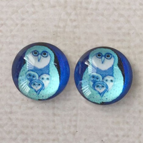 12mm Art Glass Backed Cabochons  - Teal Blue Mix Design 2 - Per Pair