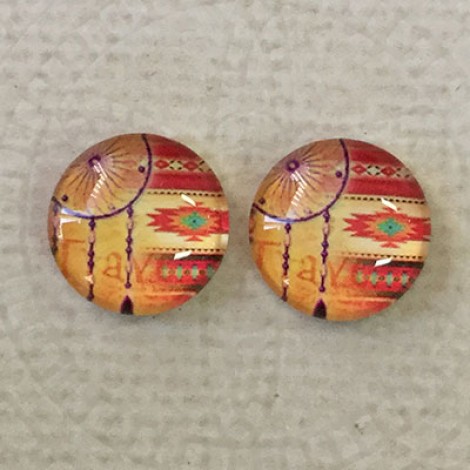 12mm Art Glass Backed Cabochons - Dreamcatcher Design 3 - Per Pair 12mm Art Glass Backed Cabochons - Dreamcatcher Design 3 - Per Pair