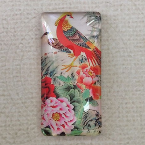19x38mm Rectangle Art Glass Backed Cabochons - Bird Design 10 - Each