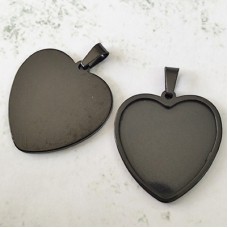 25mm ID High Quality Stainless Steel Heart Pendant Cabochon Setting - Black - Pack of 2