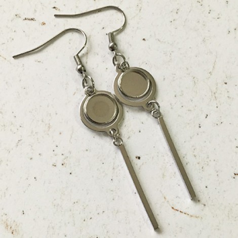 8mm ID 304 Stainless Steel Earring Bezel Settings with Round Connector + 25mm drop - Per Pair