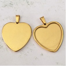 25mm ID High Quality Stainless Steel Heart Pendant Cabochon Setting - Gold  - Pack of 2