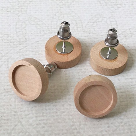 10mm ID Natural Wooden/Stainless Steel Round Earpost Setting Sets