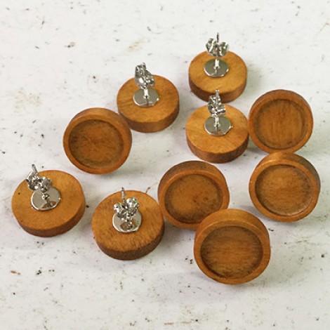 12mm ID Medium Beech Wooden/Stainless Steel Round Earpost Setting Set - Per Pair