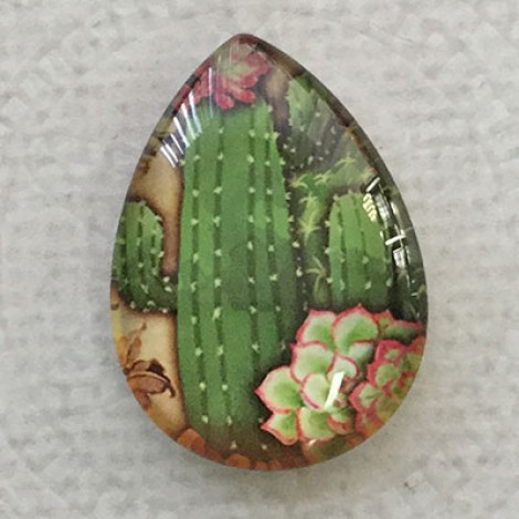 18x25mm Art Glass Backed Teardrop Cabochons - Succulents 6 - each