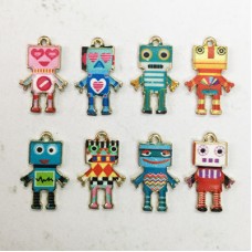 20mm Enameled Gold Plated Robot Charms - Set of 8