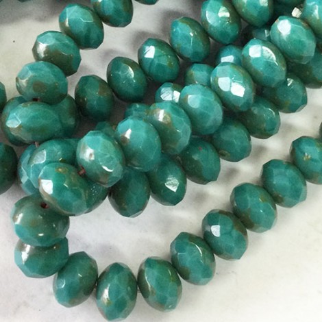 6x8mm Czech Firepolish Rondelles - Turquoise Green with Picasso Finish - Pack of 5