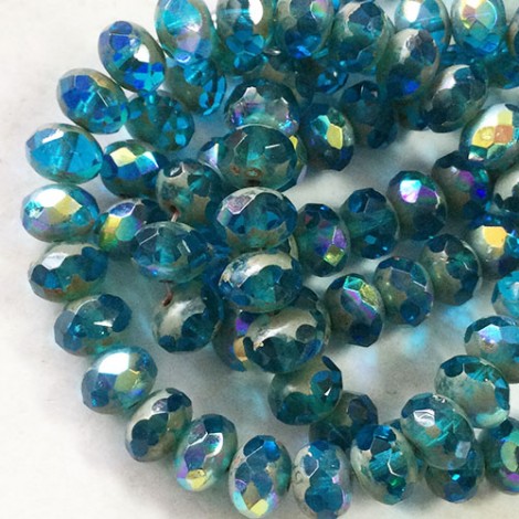 6x8mm Czech Firepolish Rondelles - Pacific Blue with Picasso & AB Finishes - Pack of 10