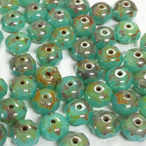 6x8mm Czech Firepolish Rondelles - Tea Green Turquoise with Picasso Finish - Pack of 10