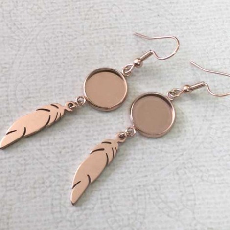 12mm ID 304 Rose Gold Colour Stainless Steel Earring Bezel Settings with Feather Drop