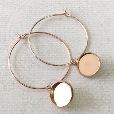 12mm ID Rose Gold Plated Earrings w-Stainless Steel Earring Bezel Settings on 30mm Hoop - Per Pair