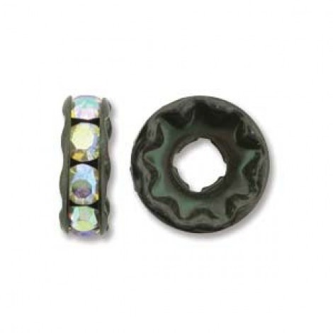 10mm 3.5mm hole Rhinestone Rondelles - Black/Crystal AB - Pack of 2