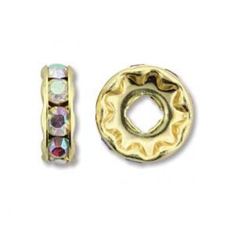 8mm 3.5mm hole Czech Rhinestone Rondelles- Gold/Crys AB - Pack of 2