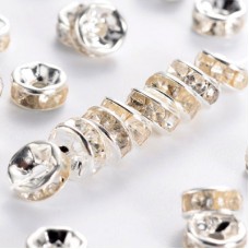 6mm Silver Plated Rhinestone Rondelles - Crystal - Pack of 10