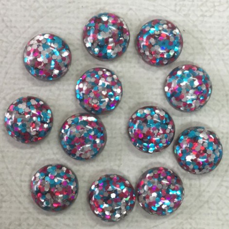 12mm Blue, Silver + Pink Glitter Resin Cabochons