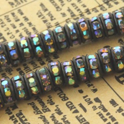 6mm Czech Quality Rhinestone Rondelles - Black-Crystal AB - Pack of 4