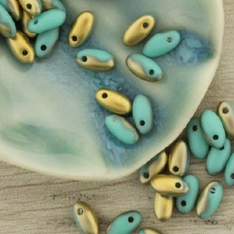 2.5x6mm Czech Rizo Beads - Matte Opaque Turq-Brass - 22gm 2.5x6mm Czech Rizo Beads - Matte Opaque Turq-Brass - 22gm