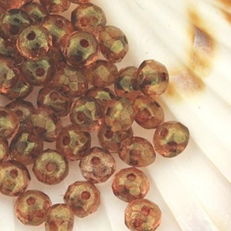 5x3mm Czech Faceted Rondelles - Pink with Gold Luster - Pack of 20