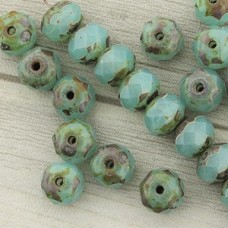 6x4mm Czech Faceted Rondelles - Aqua Opal Picasso - Pack of 10
